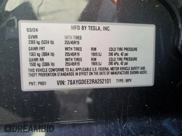 2024 Tesla Model Y Long Range with VIN 7SAYGDEE2RA252101, listed as a Copart auction lot 49514675 with 19,399 mi miles and Salvage Title. Bid and sale history available at DreamBid. Image 12.