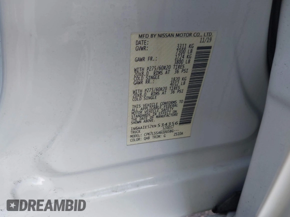 2019 Nissan Titan Pro-4X z VIN 1N6AA1E52KN534356, wystawiony jako IAAI lot #41998653 z przebiegiem 95 052 mil mil oraz . Historia ofert i sprzedaży dostępna na DreamBid. Obrazek 9.