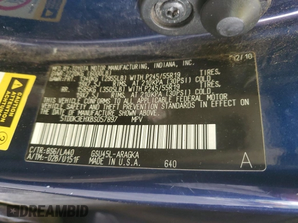 2011 Toyota Highlander Limited with VIN 5TDDK3EHXBS057897, listed as a Copart auction lot 55855835 with 167,060 mi miles and Salvage title. Bid and sale history available at DreamBid. Image 13.