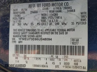 2006 Ford Explorer XLT with VIN 1FMEU73E66UB48094, listed as a IAAI auction lot 42104914 with 257,998 mi miles. Bid and sale history available at carsss.com. Image 9.