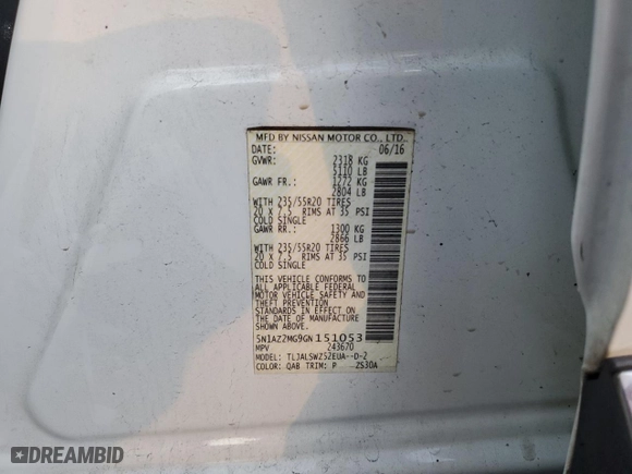 2016 Nissan Murano SL with VIN 5N1AZ2MG9GN151053, listed as a Copart auction lot 83738844 with 134,339 mi miles and Salvage Title. Bid and sale history available at carsss.com. Image 15.