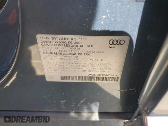 2015 Audi Q5 Premium Plus с VIN WA1LFAFPXFA078529, выставлен на аукционе Copart как лот 53486515 с пробегом 157 692 миль миль и Списание • Salvage title. История ставок и продаж доступна на DreamBid. Изображение 14.