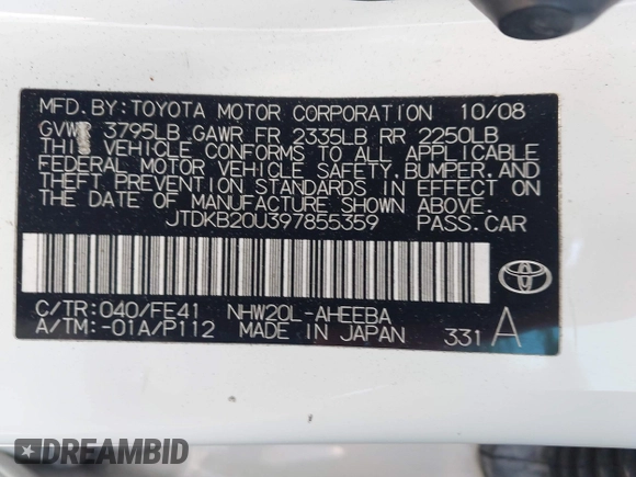 2009 Toyota Prius with VIN JTDKB20U397855359, listed as a IAAI auction lot 42223095 with 263,129 mi miles and . Bid and sale history available at DreamBid. Image 9.
