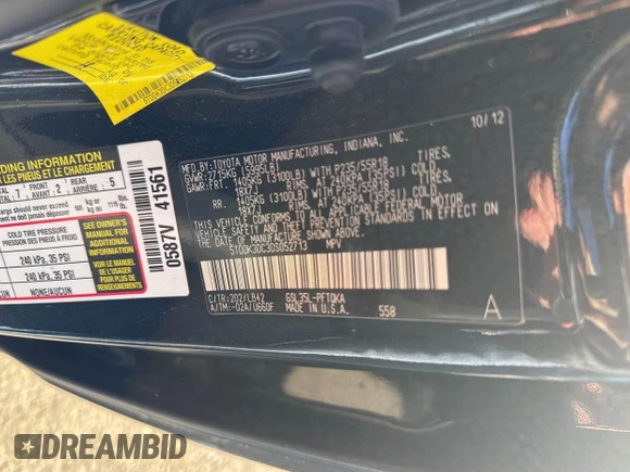 2013 Toyota Sienna XLE with VIN 5TDDK3DC3DS052713, listed as a IAAI auction lot 41451844 with 284,884 mi miles and . Bid and sale history available at DreamBid. Image 9.