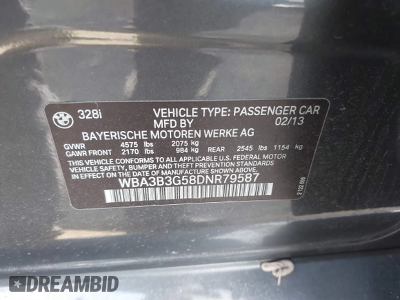 2013 BMW 3 Series 328i xDrive with VIN WBA3B3G58DNR79587, listed as a IAAI auction lot 41494987 with 115,336 mi miles. Bid and sale history available at carsss.com. Image 9.