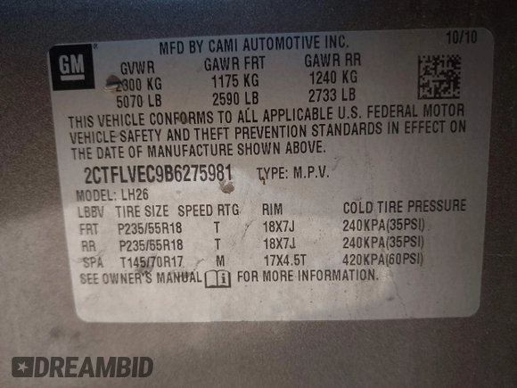 2011 GMC Terrain SLT-1 with VIN 2CTFLVEC9B6275981, listed as a IAAI auction lot 41678281 with 180,088 mi miles and . Bid and sale history available at DreamBid. Image 9.