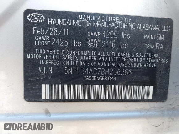 2011 Hyundai Sonata GLS with VIN 5NPEB4AC7BH256366, listed as a IAAI auction lot 41881465 with 184,161 mi miles and . Bid and sale history available at carsss.com. Image 9.