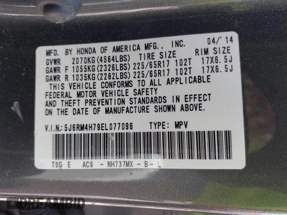 2014 Honda CR-V EX-L with VIN 5J6RM4H79EL077096, listed as a IAAI auction lot 42153513 with 104,972 mi miles and . Bid and sale history available at DreamBid. Image 9.