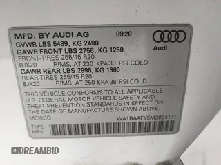 2021 Audi Q5 Premium Plus z VIN WA1BAAFY5M2004171, wystawiony jako IAAI lot #42140899 z przebiegiem 62 544 mil mil oraz . Historia ofert i sprzedaży dostępna na DreamBid. Obrazek 9.