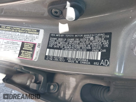 2019 Toyota Corolla L with VIN 2T1BURHE0KC204159, listed as a IAAI auction lot 41841875 with Not Provided miles. Bid and sale history available at carsss.com. Image 9.