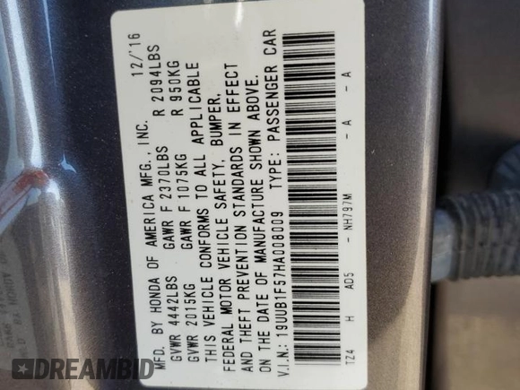2017 Acura TLX Technology with VIN 19UUB1F57HA008009, listed as a Copart auction lot 52793435 with 113,358 mi miles and Salvage title. Bid and sale history available at DreamBid. Image 12.