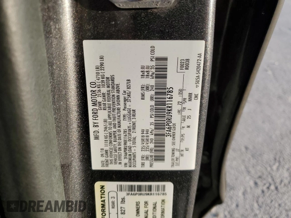 2019 Ford Fusion Hybrid Titanium with VIN 3FA6P0RU9KR116785, listed as a Copart auction lot 68052202 with 89,486 mi miles. Bid and sale history available at carsss.com. Image 14.