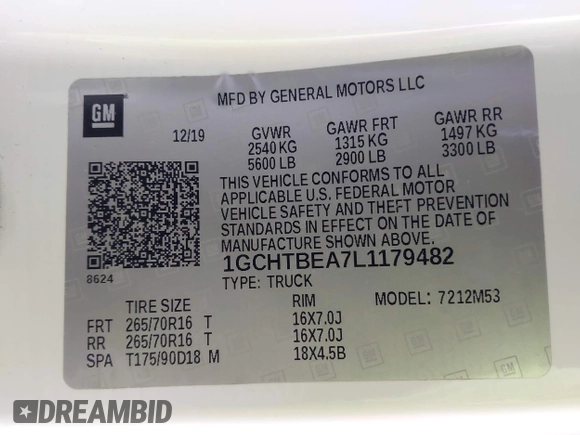 2020 Chevrolet Colorado 4WD Work Truck with VIN 1GCHTBEA7L1179482, listed as a IAAI auction lot 41733352 with 53,162 mi miles and . Bid and sale history available at DreamBid. Image 9.