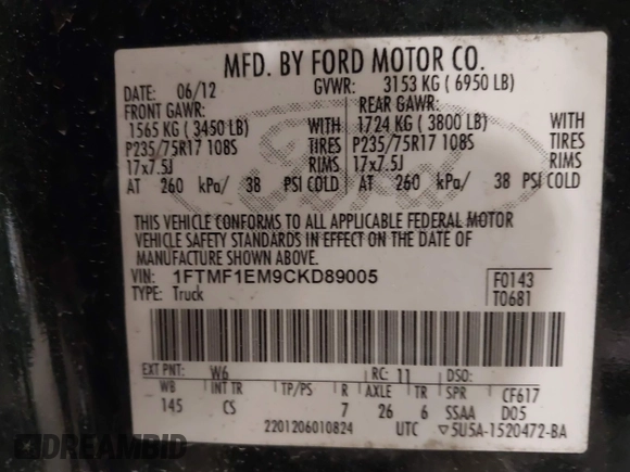 2012 Ford F-150 XL with VIN 1FTMF1EM9CKD89005, listed as a IAAI auction lot 42664014 with 142,413 mi miles and . Bid and sale history available at DreamBid. Image 9.