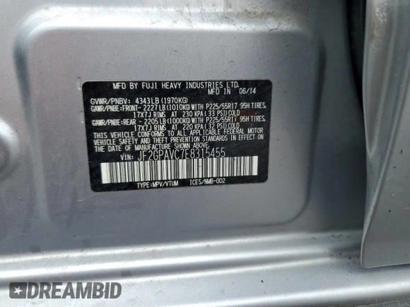 2014 Subaru Crosstrek Premium with VIN JF2GPAVC7E8315455, listed as a Copart auction lot 58213395 with 139,293 mi miles and Salvage title. Bid and sale history available at DreamBid. Image 13.