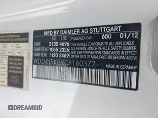 2012 Mercedes-Benz E 350 with VIN WDDKJ5KBXCF160377, listed as a IAAI auction lot 41547557 with 128,297 mi miles and . Bid and sale history available at DreamBid. Image 9.