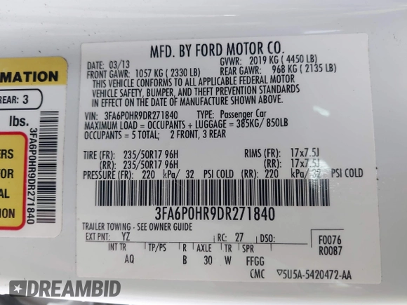 2013 Ford Fusion SE with VIN 3FA6P0HR9DR271840, listed as a IAAI auction lot 41777825 with 61,266 mi miles. Bid and sale history available at carsss.com. Image 9.