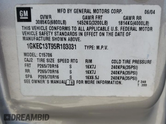 2005 GMC Yukon SLT z VIN 1GKEC13T95R103031, wystawiony jako Copart lot #48339205 z przebiegiem 268 183 mil mil oraz Szkoda całkowita • Salvage title. Historia ofert i sprzedaży dostępna na DreamBid. Obrazek 13.