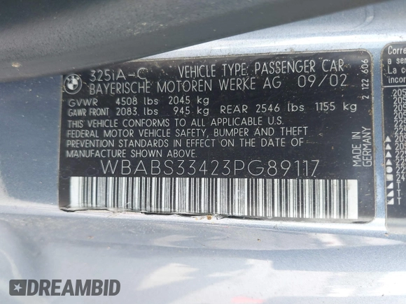 2003 BMW 3 Series 325Ci with VIN WBABS33423PG89117, listed as a IAAI auction lot 42318414 with 143,960 mi miles and . Bid and sale history available at DreamBid. Image 9.