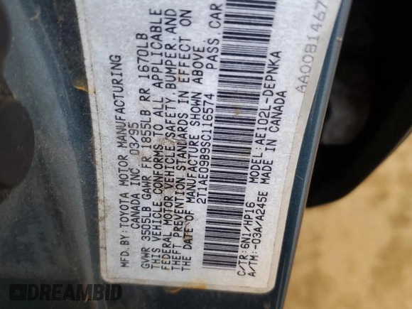 1995 Toyota Corolla DX с VIN 2T1AE09B9SC116574, выставлен на аукционе Copart как лот 61986565 с пробегом 189 044 миль миль и Списание • Salvage title. История ставок и продаж доступна на DreamBid. Изображение 12.