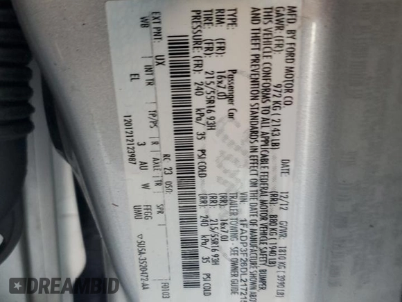 2013 Ford Focus SE z VIN 1FADP3F26DL217215, wystawiony jako Copart lot #46601875 z przebiegiem 167 160 mil mil oraz Szkoda całkowita • Salvage title. Historia ofert i sprzedaży dostępna na DreamBid. Obrazek 12.
