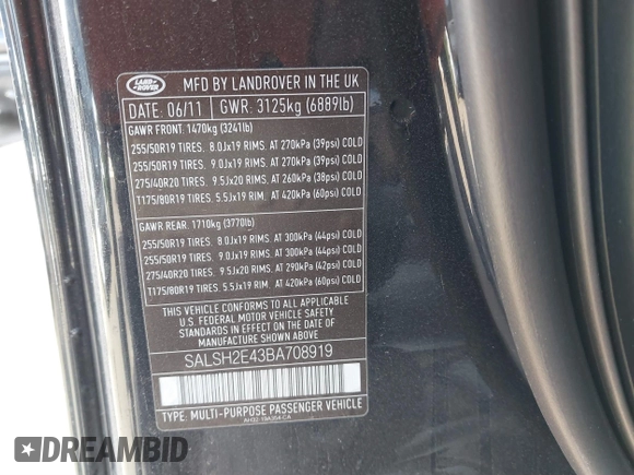 2011 Land Rover Range Rover Sport SC z VIN SALSH2E43BA708919, wystawiony jako IAAI lot #41457190 z przebiegiem Nie podano mil oraz . Historia ofert i sprzedaży dostępna na DreamBid. Obrazek 9.