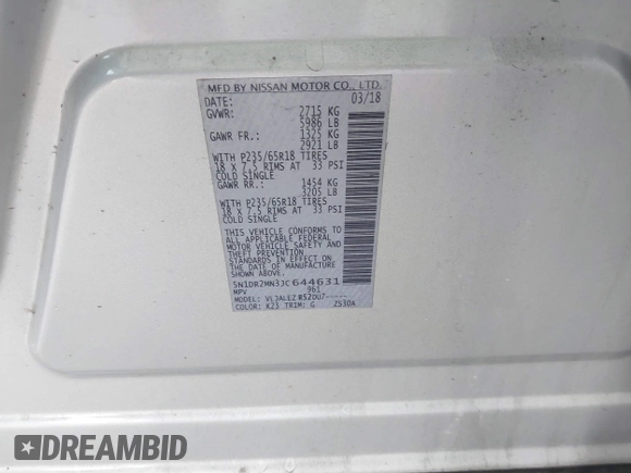 2018 Nissan Pathfinder SL with VIN 5N1DR2MN3JC644631, listed as a IAAI auction lot 41176186 with 107,872 mi miles. Bid and sale history available at carsss.com. Image 9.