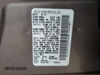 2012 Nissan Murano S with VIN JN8AZ1MWXCW228608, listed as a Copart auction lot 51087215 with 102,030 mi miles and Clean Title. Bid and sale history available at DreamBid. Image 14.