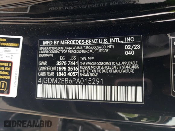 2023 Mercedes-Benz EQS with VIN 4JGDM2EB6PA015291, listed as a Copart auction lot 75398504 with 0 mi miles and Clean Title. Bid and sale history available at carsss.com. Image 12.