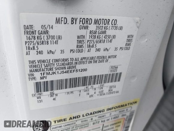 2014 Ford Expedition Max XLT с VIN 1FMJK1J54EEF51200, выставлен на аукционе IAAI как лот 42014534 с пробегом 171 327 миль миль и . История ставок и продаж доступна на DreamBid. Изображение 9.