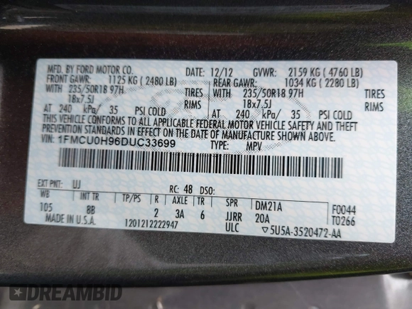 2013 Ford Escape SEL z VIN 1FMCU0H96DUC33699, wystawiony jako IAAI lot #42779073 z przebiegiem 120 992 mil mil oraz . Historia ofert i sprzedaży dostępna na DreamBid. Obrazek 9.