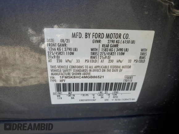 2021 Ford Explorer Platinum with VIN 1FM5K8HC4MGB86521, listed as a Copart auction lot 89337375 with 32,726 mi miles and Salvage Title. Bid and sale history available at carsss.com. Image 12.