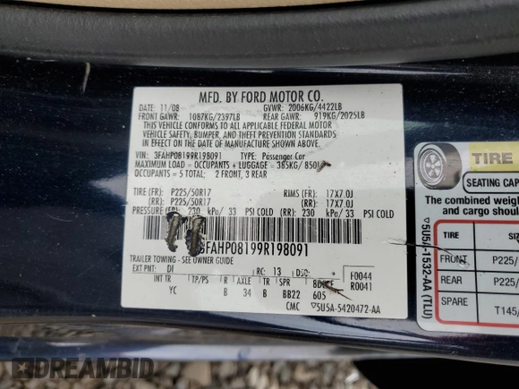 2009 Ford Fusion SEL with VIN 3FAHP08199R198091, listed as a Copart auction lot 51205265 with 204,126 mi miles and Salvage Title. Bid and sale history available at carsss.com. Image 12.