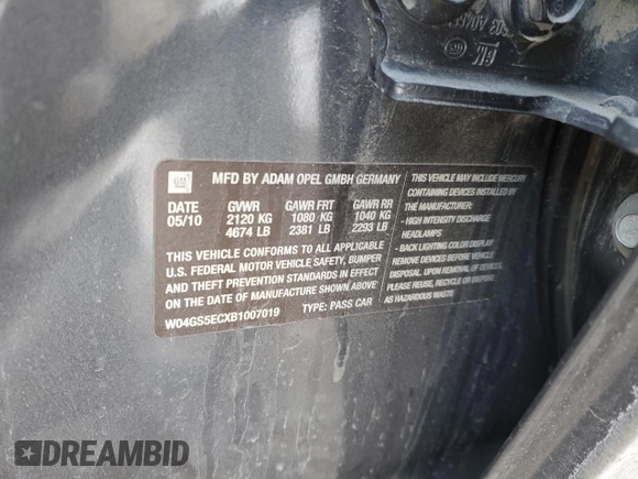2011 Buick Regal CXL RL4 with VIN W04GS5ECXB1007019, listed as a Copart auction lot 45135225 with 160,820 mi miles and Salvage title. Bid and sale history available at DreamBid. Image 12.