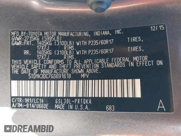 2016 Toyota Sienna XLE with VIN 5TDYK3DC7GS691618, listed as a IAAI auction lot 42496181 with 189,439 mi miles and . Bid and sale history available at DreamBid. Image 9.