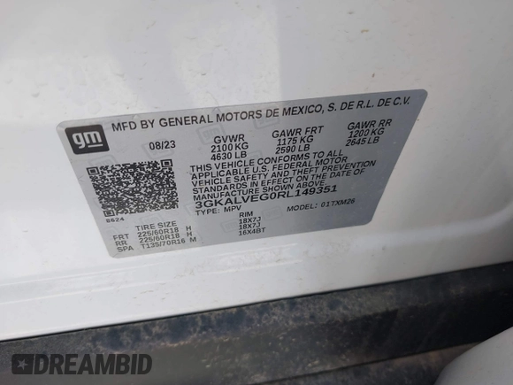 2024 GMC Terrain SLT with VIN 3GKALVEG0RL149351, listed as a IAAI auction lot 42595107 with 39,391 mi miles and . Bid and sale history available at DreamBid. Image 9.