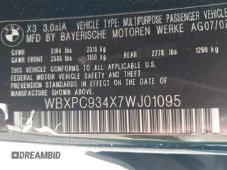 2007 BMW X3 3.0si с VIN WBXPC934X7WJ01095, выставлен на аукционе IAAI как лот 42596666 с пробегом 169 793 миль миль и . История ставок и продаж доступна на DreamBid. Изображение 9.