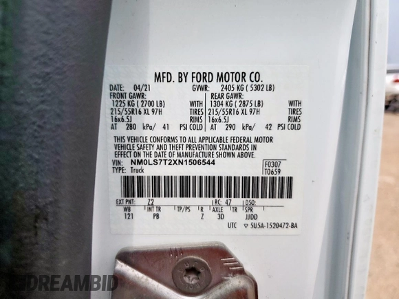 2022 Ford Transit Connect XLT with VIN NM0LS7T2XN1506544, listed as a Copart auction lot 63017975 with 266,085 mi miles and Clean title. Bid and sale history available at DreamBid. Image 13.