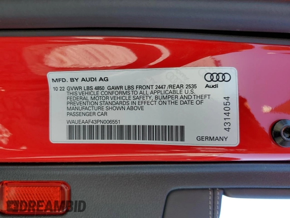 2023 Audi A4 S line Premium Plus with VIN WAUEAAF43PN006551, listed as a Copart auction lot 53421805 with 49,285 mi miles and Salvage Title. Bid and sale history available at DreamBid. Image 12.