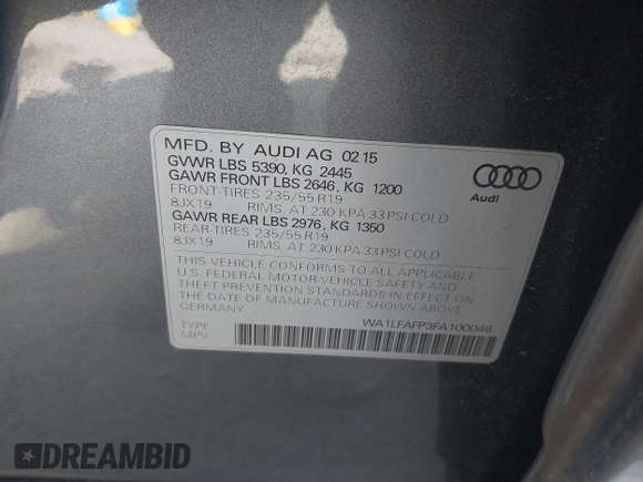 2015 Audi Q5 Premium Plus with VIN WA1LFAFP3FA100046, listed as a IAAI auction lot 42087914 with 67,260 mi miles and . Bid and sale history available at DreamBid. Image 9.