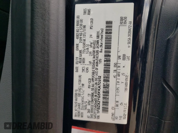 2019 Ford Transit Passenger XL with VIN 1FBZX2YG5KKA76602, listed as a Copart auction lot 70469494 with 171,280 mi miles and Clean title. Bid and sale history available at DreamBid. Image 13.