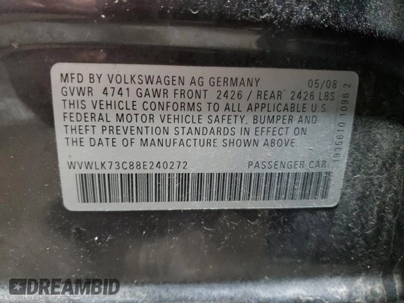 2008 Volkswagen Passat Komfort with VIN WVWLK73C88E240272, listed as a Copart auction lot 57714685 with 155,441 mi miles and Clean title. Bid and sale history available at DreamBid. Image 12.
