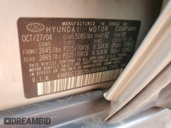 2005 Hyundai Santa Fe GLS with VIN KM8SC13D35U906966, listed as a Copart auction lot 84896974 with 0 mi miles and Salvage Title. Bid and sale history available at carsss.com. Image 12.