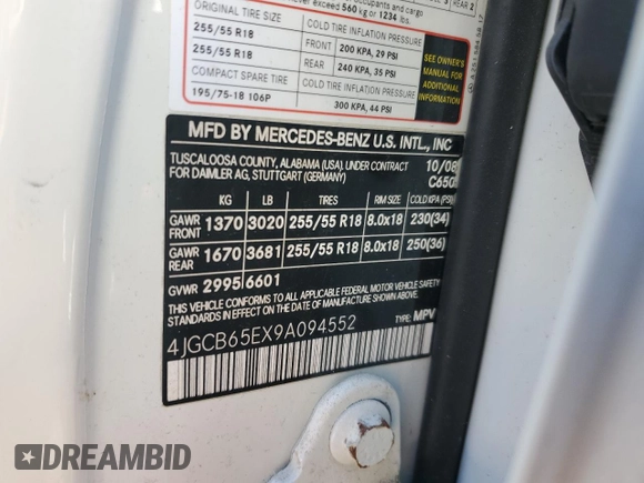 2009 Mercedes-Benz R 3.5L with VIN 4JGCB65EX9A094552, listed as a Copart auction lot 78362694 with 115,353 mi miles and Salvage Title. Bid and sale history available at DreamBid. Image 13.