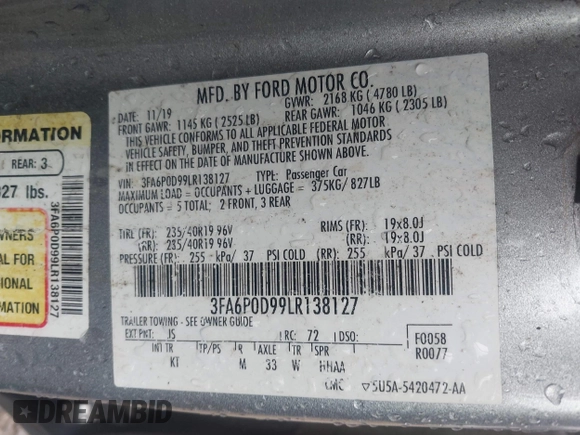 2020 Ford Fusion Titanium with VIN 3FA6P0D99LR138127, listed as a IAAI auction lot 42439024 with 128,792 mi miles and . Bid and sale history available at DreamBid. Image 9.