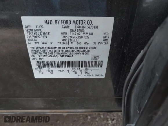 2020 Ford Edge SEL with VIN 2FMPK3J93LBB53641, listed as a IAAI auction lot 41340813 with 87,417 mi miles and . Bid and sale history available at DreamBid. Image 9.