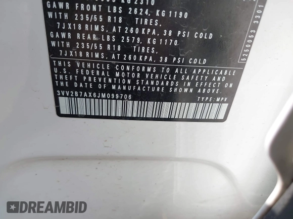 2018 Volkswagen Tiguan SEL с VIN 3VV2B7AX6JM099706, выставлен на аукционе IAAI как лот 42445727 с пробегом 158 954 миль миль и . История ставок и продаж доступна на DreamBid. Изображение 9.