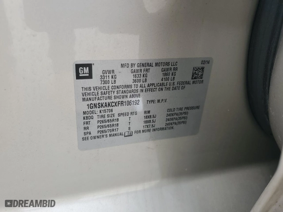 2015 Chevrolet Tahoe LS with VIN 1GNSKAKCXFR106192, listed as a Copart auction lot 73876014 with 178,406 mi miles and Salvage Title. Bid and sale history available at carsss.com. Image 14.