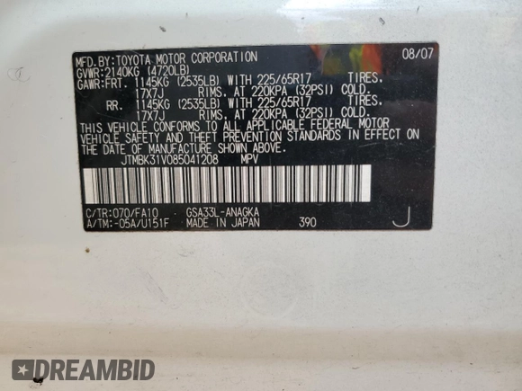 2008 Toyota RAV4 Limited z VIN JTMBK31V085041208, wystawiony jako Copart lot #54761375 z przebiegiem 209 840 mil mil oraz Szkoda całkowita • Salvage title. Historia ofert i sprzedaży dostępna na DreamBid. Obrazek 13.