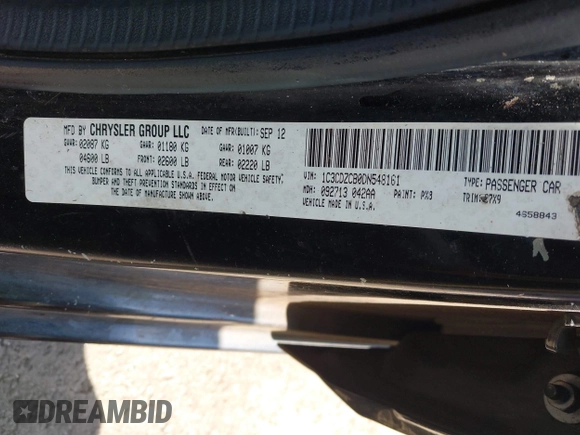 2013 Dodge Avenger SXT with VIN 1C3CDZCB0DN548161, listed as a IAAI auction lot 42780346 with 117,493 mi miles and . Bid and sale history available at DreamBid. Image 9.